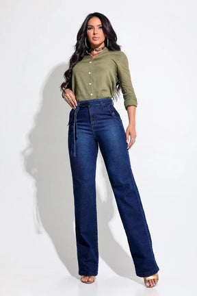 Calça Jeans Wide Leg Modeladora com Cinto - AA99