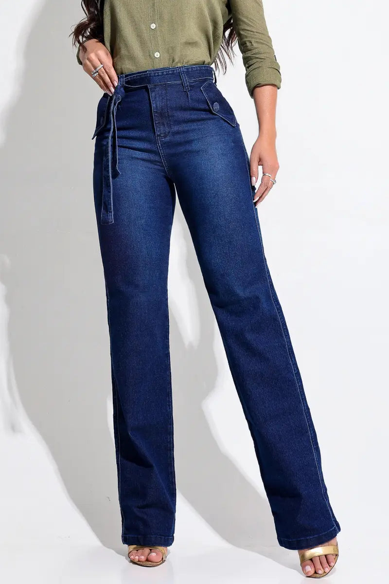 Calça Jeans Wide Leg Modeladora com Cinto - AA99