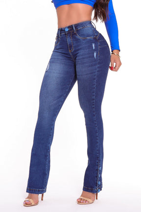 Calça Jeans Flare Modeladora Detalhe Barra Botões - AA43