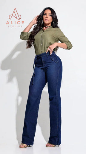 Calça Jeans Wide Leg Modeladora com Cinto - AA99